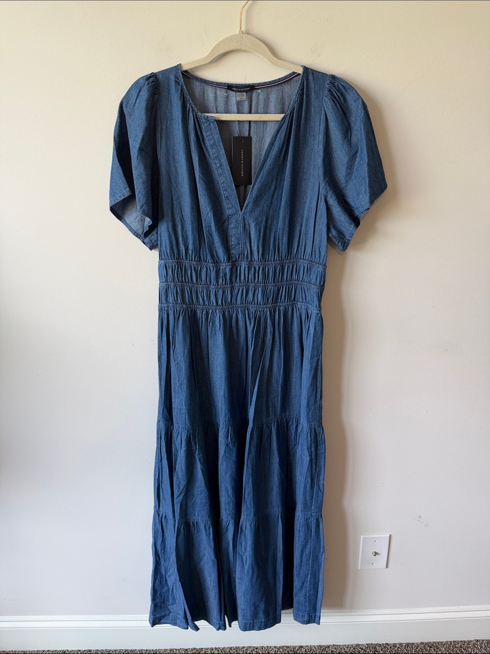 NWT Tommy Hilfiger Indigo Blue V-Neck Smocked Midi Dress Tiered Bottom Cotton